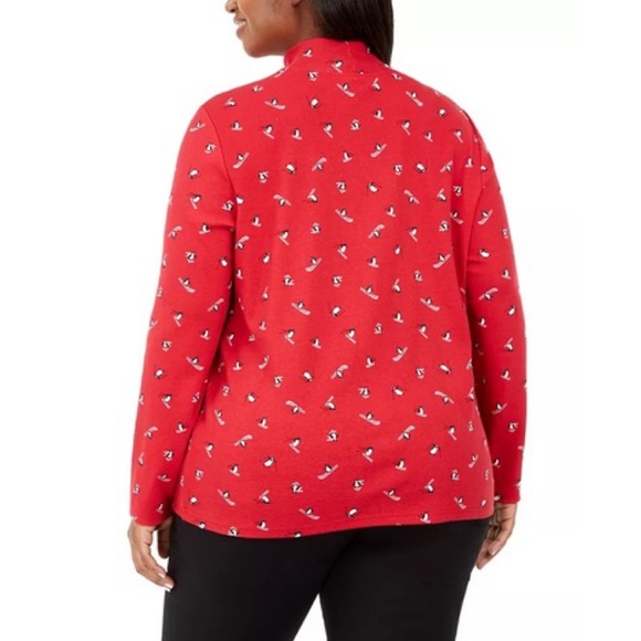 Karen Scott Red Skiing Penguins Printed Cotton Mock-Neck Top - Picture 2 of 9